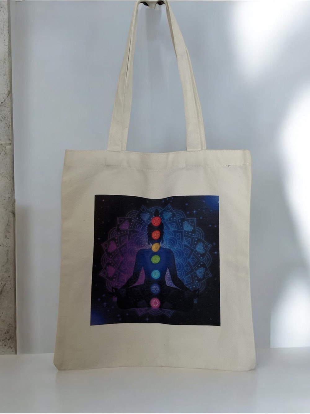 Neutral Canvas Tote with Chakra Mandala Print